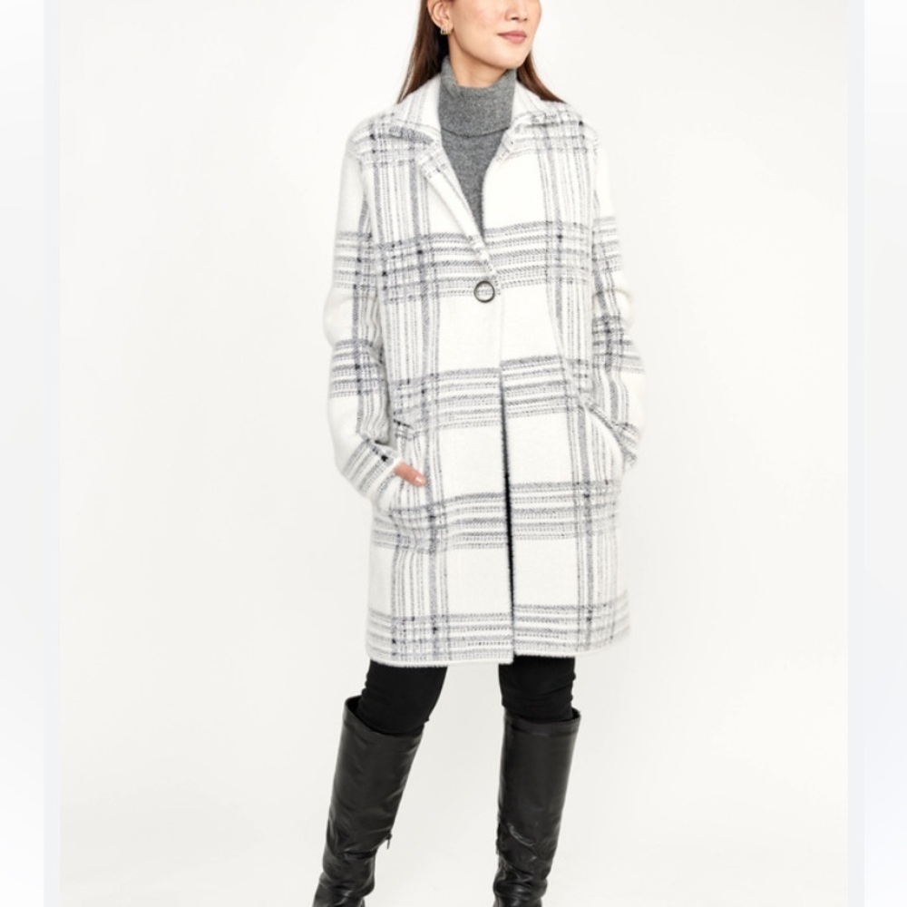 Frank Lyman XS Long Plaid Cardigan Jacket Luxury Old Money Gray Ivory